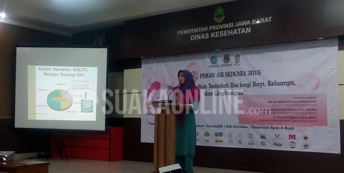 Kepala Dinas Kesehatan Provinsi Jawa Barat, Alma Lucyati saat berbicara di acara peringatan Pekan ASI Sedunia yang digelar oleh Asosiasi Ibu Menyusui Indonesia (AIMI) Cabang Jawa Barat di Aula Gedung Dinas Kesehatan Pemprov Jabar, Pasteur, Bandung, Minggu (7/8/2016). (SUAKA / Isthiqonita)